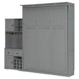 Queen Size Murphy Bed with Storage Cabinet, Wine Rack, Glass Holder, Drawers and Multi-Color LED Strip, Gray Bellemave