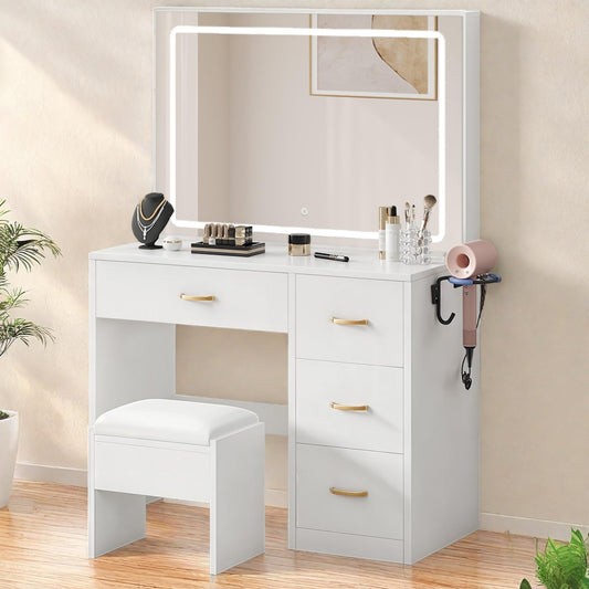 YITAHOME Vanity Desk with LED Lighted Mirror, Makeup Vanity Set with Power Strip, 4 Storage Drawers, Vanity Chair, Dressing Table with Ample Storage, Bedroom Furniture for Women, Ivory White