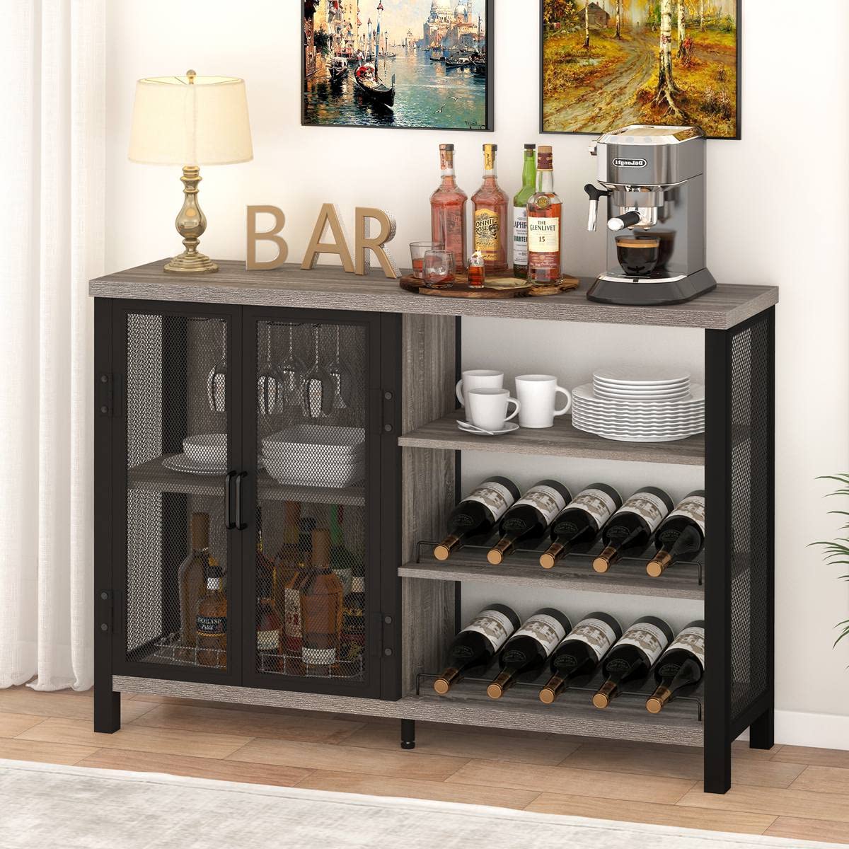 BON AUGURE Industrial Home Bar Cabinet with Wine Rack, Rustic Liquor Cabinet Bar for Home, Coffee Bar Cabinet with Storage (47 Inch, Grey Oak)