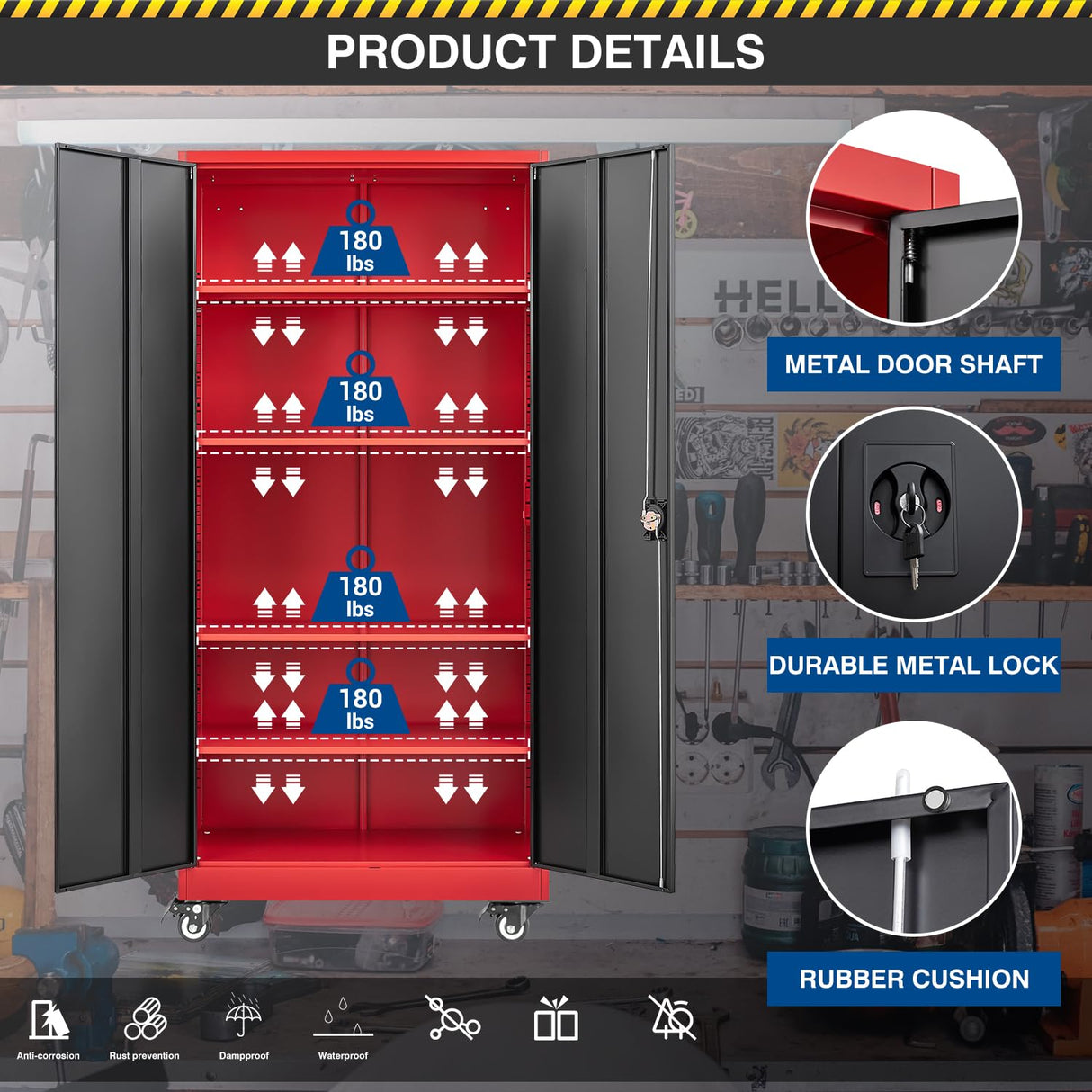 Fesbos Metal Rolling Storage Cabinet-74.6” Tall Steel File Cabinets with Wheels Lockable Doors and Adjustable Shelves-Black & Red Steel Storage Cabinet for Home, School, Office, Garage Fesbos