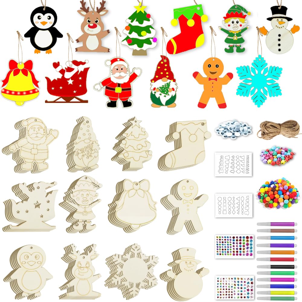 Nialnant 60 PCS Wooden Christmas Ornaments Crafts for Kids, Wooden Christmas Ornaments to Paint, 12 Style DIY Christmas Crafts for Christmas Tree Unfinished Wood Christmas Ornaments Kits Nialnant