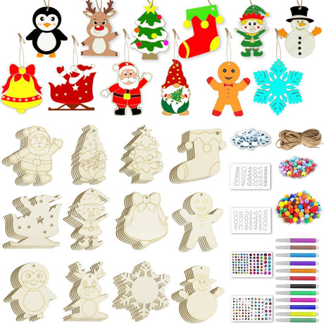 Nialnant 60 PCS Wooden Christmas Ornaments Crafts for Kids, Wooden Christmas Ornaments to Paint, 12 Style DIY Christmas Crafts for Christmas Tree Unfinished Wood Christmas Ornaments Kits Nialnant