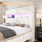 Jocisland King Bed Frame with 51.2" Tall Headboard, LED Lights & Charging Station, Velvet Upholstered Platform, No Box Spring Required, Cream Jocisland