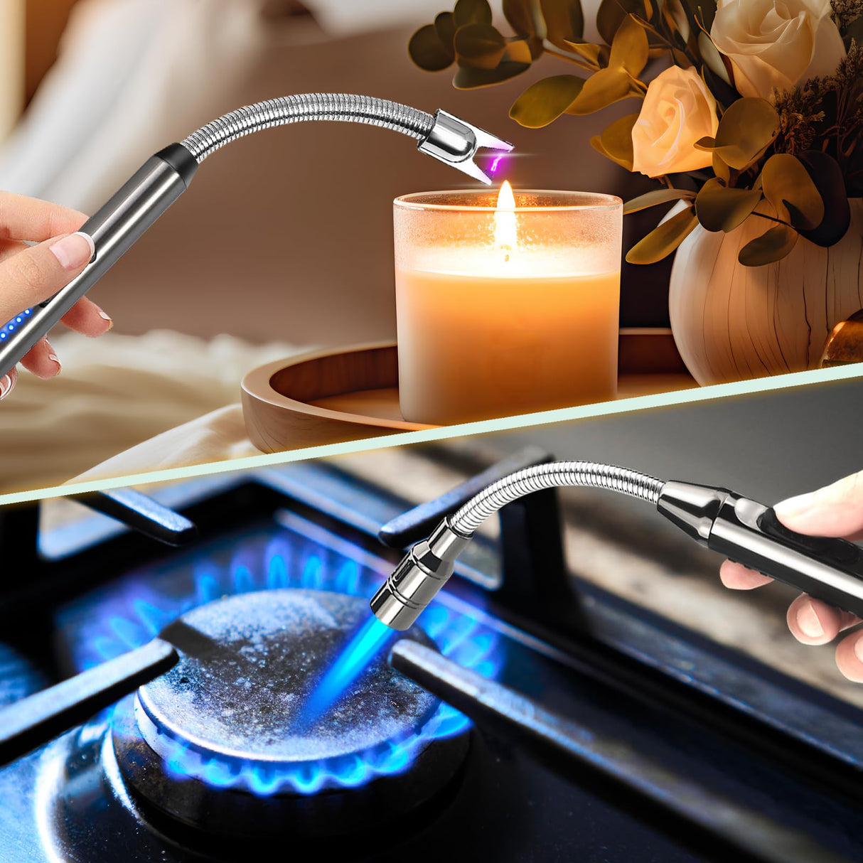 2 Pack Candle Lighter Electric Arc Long Lighter Flex Neck Utility Lighter Butane Torch Lighter Rechargeable USB Lighter Refillable Gas Jet Flame Windproof Lighter for Camping BBQ Grill Gas Stove Laffizz