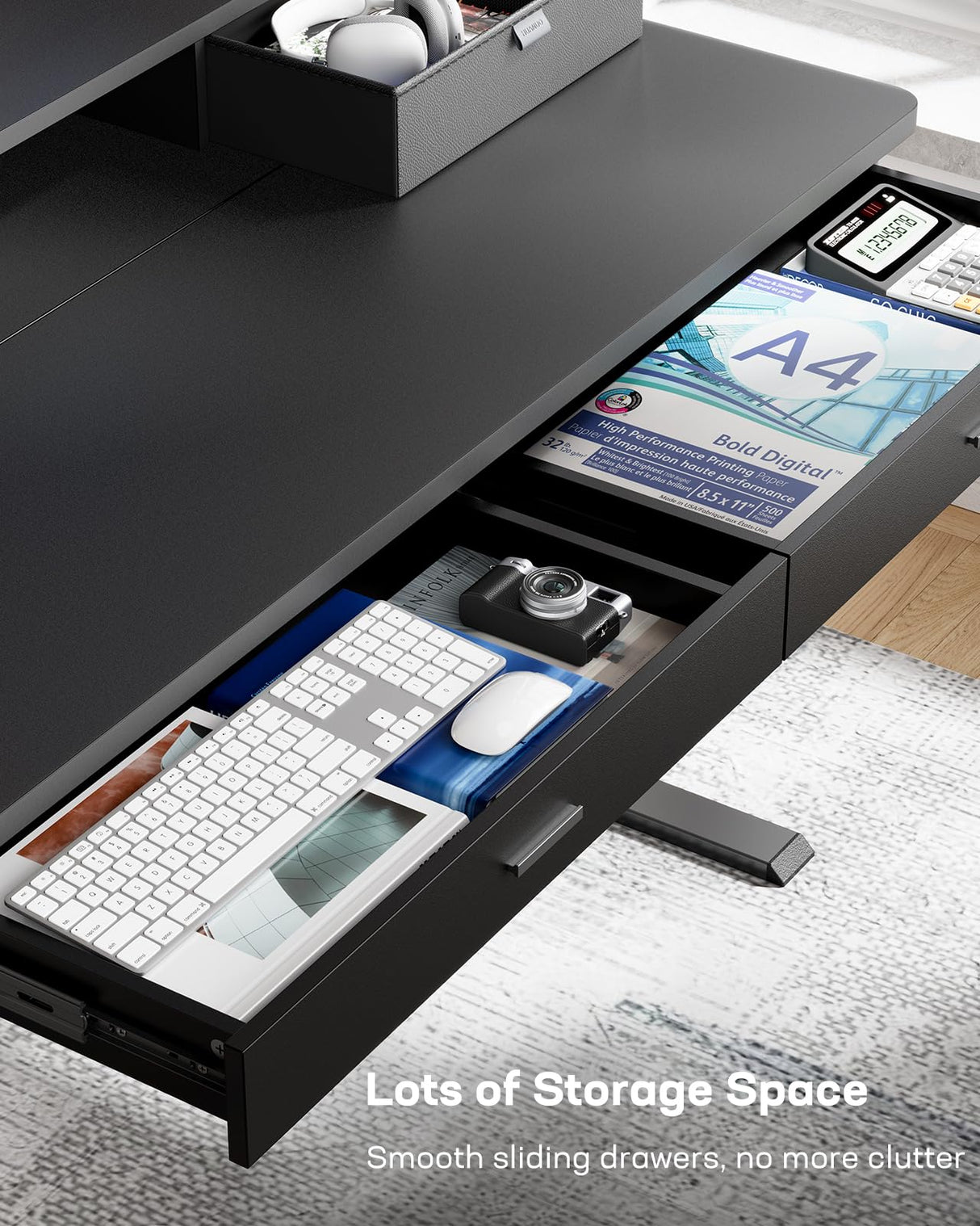 HUANUO 48 x 30 inch Electric Standing Desk with 4 Drawers, Adjustable Height Sit Stand Home Office Desk with Two Tiers, Ergonomic Adjustable Stand up Desk with Monitor Stand, Black HUANUO