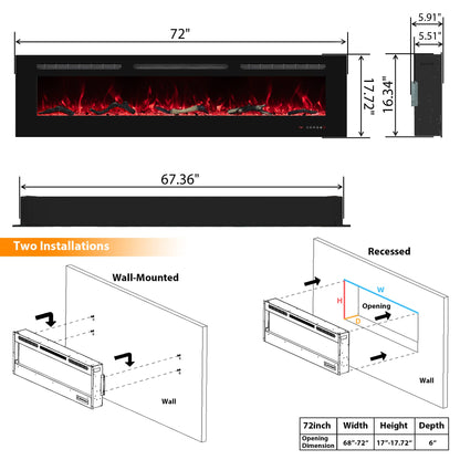 Oxhark Flame 72inch Electric Fireplace in Wall Recessed and Wall Mounted Fireplace Electric, 13 Flame Colors, Realistic Logs &Crystals Fuel Bed, Adjustable Temperature and Timer, 750W/1500W, Black