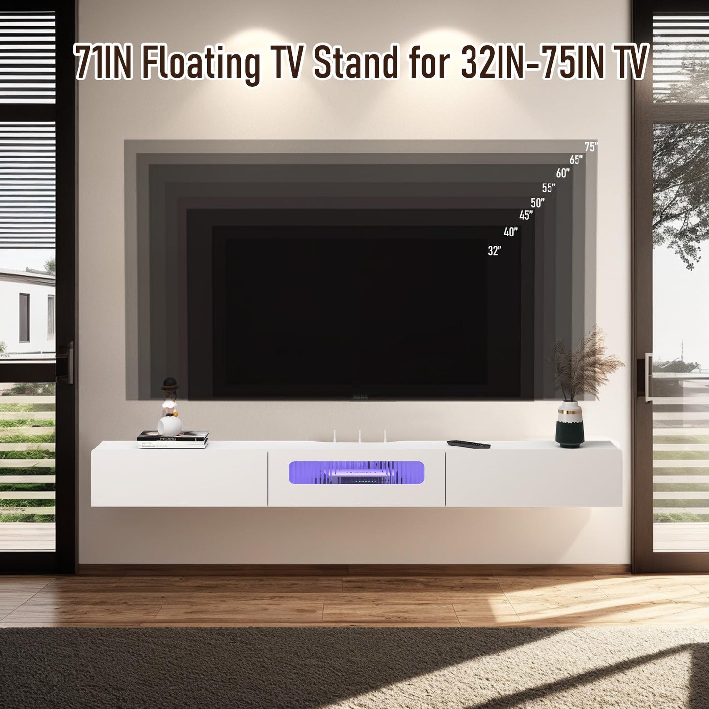 Bixiaomei Floating TV Stand with LED Lights, 71'' Wall Mounted TV Cabinet with Glass Door and 2 Drawers, Wooden Entertainment Media Console Center Large Storage Shelf Under TV (70.86IN, White)