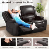 Yolsali Loveseat Recliner Sofa, Manual Reclining Loveseat with Removable Armrest, Faux Leather Recliner Loveseat for Adults with 2-Tier Cushions, USB Charging Ports, Cup Holders - Brown Yolsali