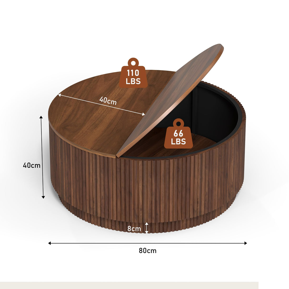 31.5" Round Coffee Table with Storage, Mid Century Modern Coffee Tables with Fluted Base, Wooden Circle Accent Center Table for Living Room Small Space Apartment Office (Walnut) LEVNARY