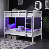 VINGLI Solid Wood Bunk Bed Twin Over Twin with LED Lights/USB Port Charge Station/Extra 15 inches Tall Guardrail/Scoring Rungs, White VINGLI