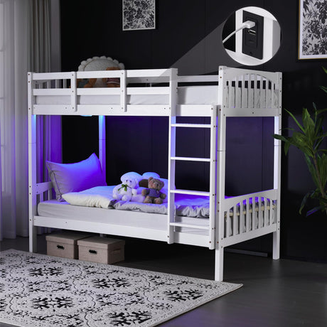 VINGLI Solid Wood Bunk Bed Twin Over Twin with LED Lights/USB Port Charge Station/Extra 15 inches Tall Guardrail/Scoring Rungs, White VINGLI