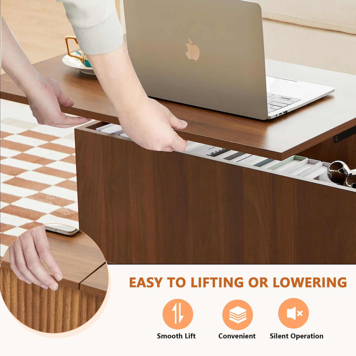 Wooden Fluted Lift Top Coffee Table with Hidden Compartment, Modern Rectangle Center Tables with Adjustable Storage Shelf, Lift Tabletop Dining Table for Home Living Room Office(Walnut) XUZENEST