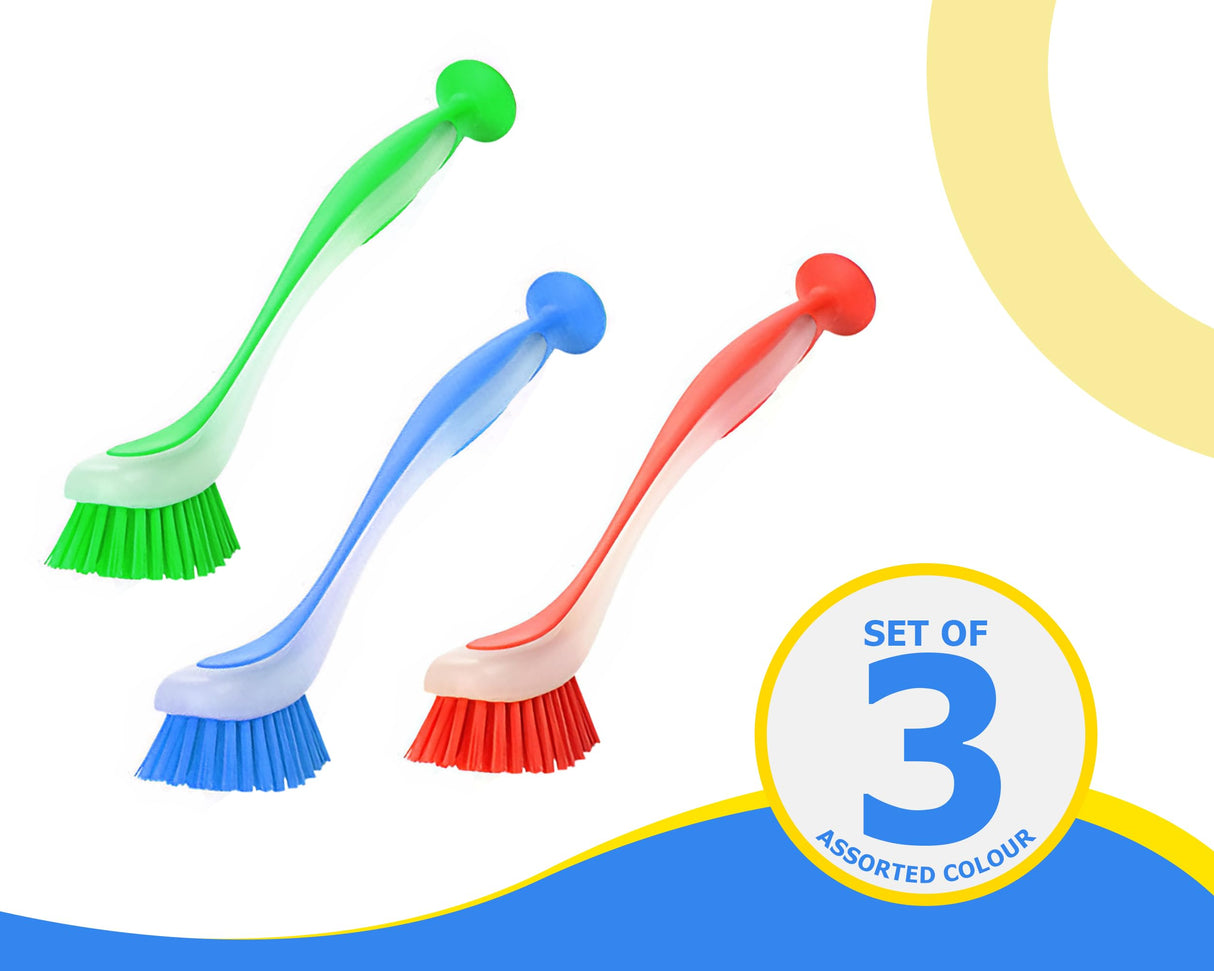 Zuvo Plastic Long Handled Scrubbing Suction Cup, Durable Bristles,Dish Washing Brush.Washing Up Kitchen Brush, Assorted Colour, 5 X 21 X 5 cm-Pack of 3 Zuvo