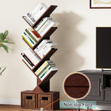 Vagusicc Tree Bookshelf, 6 Tier Bookshelf with Storage, Tall Narrow Bookcase, Rustic Wood Book Storage Rack for CDs/Books, Small Book Organizer Shelves for Bedroom Living Room, Home Office, Brown Vagusicc