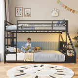ADORNEVE Low Bunk Bed Twin Over Twin with Storage Bookshelves, 2 Drawers & Power Outlet, LED Metal Floor Bunk with Full-Length Guardrail & Metal Slats, No Box Spring Needed, for Kids, Black ADORNEVE