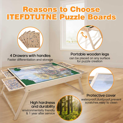 ITEFDTUTNE Jigsaw Puzzle Table with Folding Legs, 34 "x 26" Wooden Puzzle Table with 4 Drawers and Cover, Portable Puzzle Enlightenment Board for Puzzle Storage and Sorting - 1500 Piece - WoodArtSupply