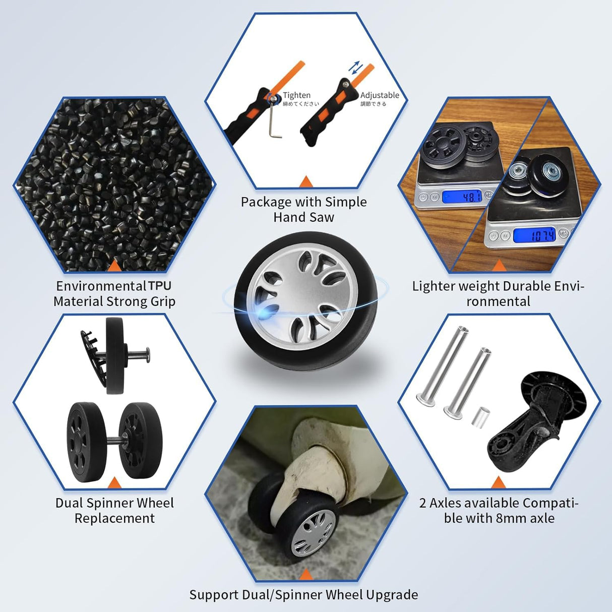 Luggage Wheels Replacement Set 8PCS 2inch TPU Rubber Wheel Convenient Upgrade Sets Smooth Silent for Suitcase Spinner Trolley Bag Drawbar Travel Box Caster Repair ASUNTOM