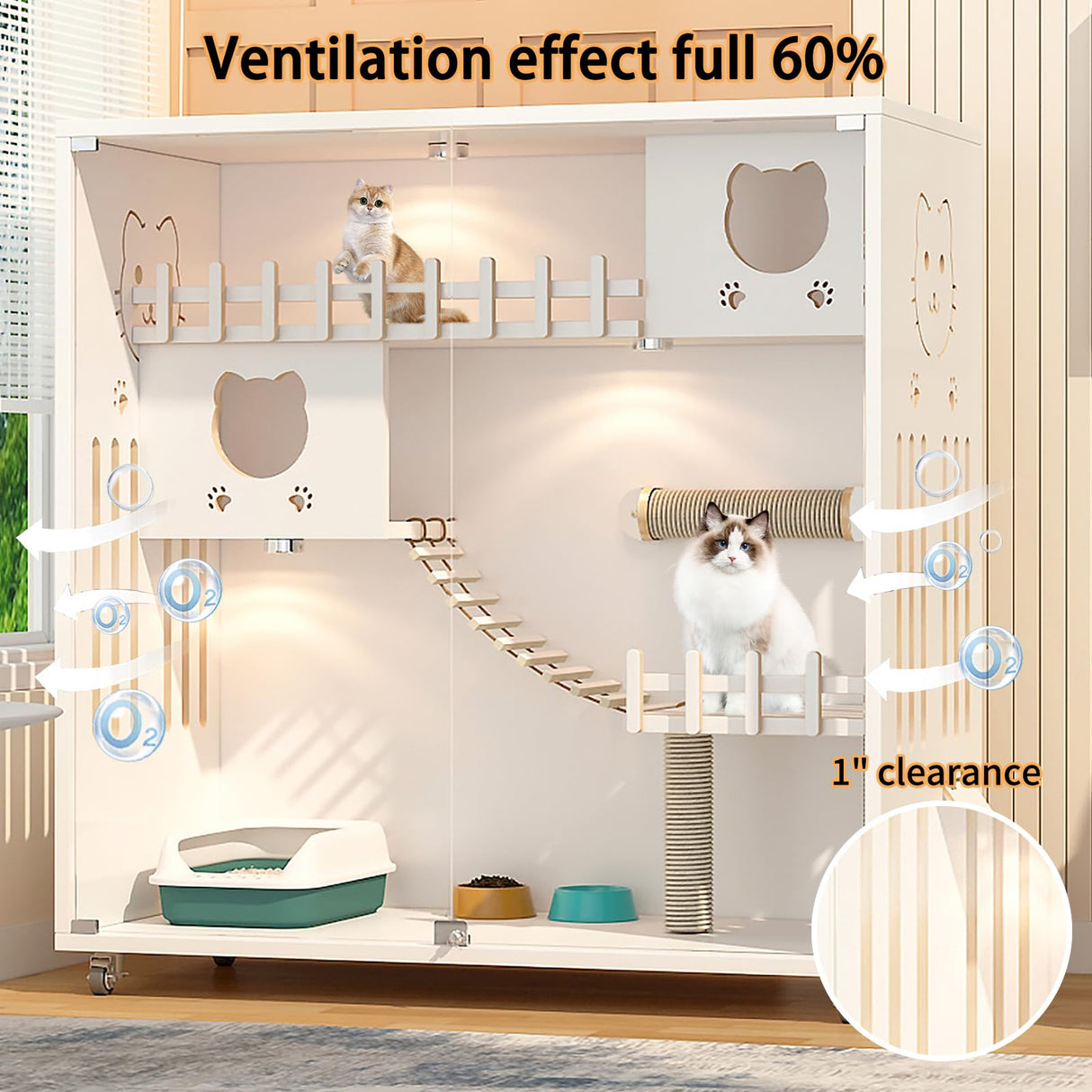 HUATOL Large Cat Cage, Wooden Cat House for Outdoor/Indoor Cats, Multi-Feature Cat Condo with Scratching Posts and Wheels, Enclosed Condo for Indoor Cats Ventilation, White, 50" X 48" X 24" HUATOL