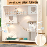 HUATOL Large Cat Cage, Wooden Cat House for Outdoor/Indoor Cats, Multi-Feature Cat Condo with Scratching Posts and Wheels, Enclosed Condo for Indoor Cats Ventilation, White, 50" X 48" X 24" HUATOL