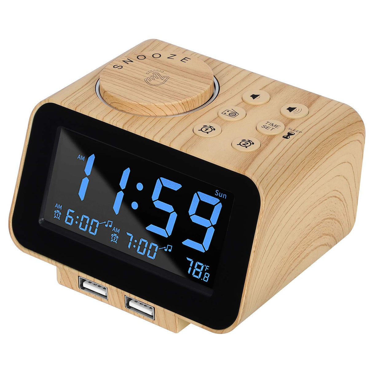 USCCE Digital Alarm Clock Radio - 0-100% Dimmer, Dual Alarm with Weekday/Weekend Mode, 6 Sounds Adjustable Volume, FM Radio w/Sleep Timer, 2 USB Charging Ports, Thermometer, Battery Backup(Wood Grain) uscce