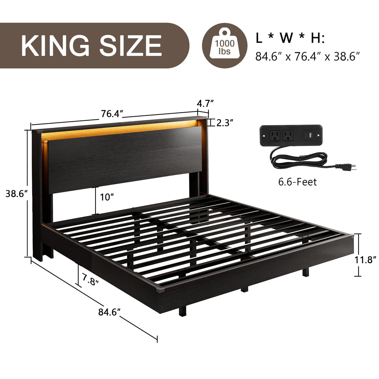 King Size Bed Frame with LED Lights & Charging Station – Wood Floating Bed Frame with Storage Headboard, Adhesive Slats, Kick-Free & Noise-Free Design, Easy Assembly, Black Einhomn