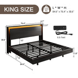 King Size Bed Frame with LED Lights & Charging Station – Wood Floating Bed Frame with Storage Headboard, Adhesive Slats, Kick-Free & Noise-Free Design, Easy Assembly, Black Einhomn