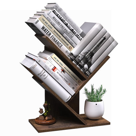 R RUISHENG 3 Tier Small Tree Bookshelf Desk Book Organizer Narrow Bookcases for Books Magazines CDs Free Standing Retro Wooden Storage Shelves for Home Office Bedroom Living Room Rustic Brown R RUISHENG