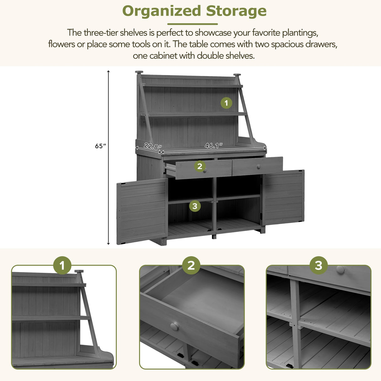 KUIKUI Potting Table, Gardening Table, Potting Benchs for Outside, Fir Wood Workstation with Storage Shelf, Drawer and Cabinet, 47.2''Lx22.8''Wx65''H, Gray KUIKUI