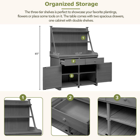 RUNNA 65inch Garden Potting Bench Table, Fir Wood Workstation with Storage Shelf, Drawer and Cabinet (Gray@017, 65inch) RUNNA