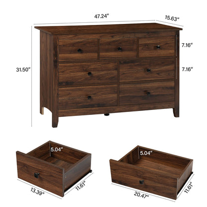 LTMEUTY Bedroom Dresser - Wooden Dresser for Bedroom, 7 Drawers Horizontal Dresser, Rustic Style Bedroom Furniture, Chest of Dresser, Brown Wood Grain