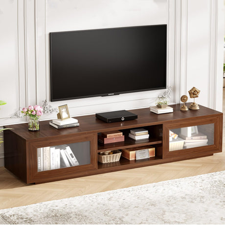 HSH 70" TV Stand for 75 inch TVs,Entertainment Center for Living Room with Storage,Farmhouse Walnut TV Stand Wood with Sliding Doors,Low Media Console Cabinet for Bedroom HSH