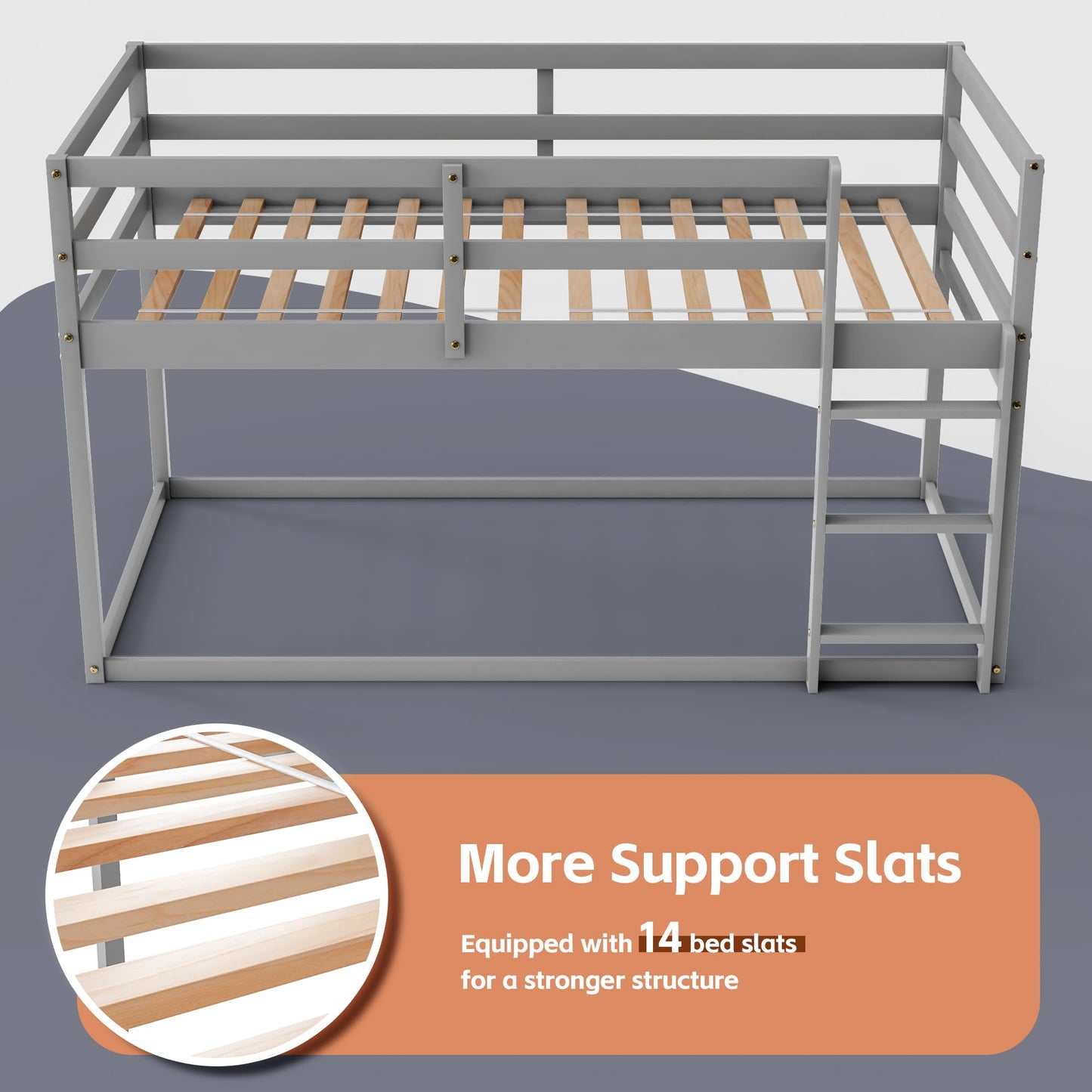 TOLEAD Low Bunk Bed Twin Over Twin, Floor Bunk Bed with Ladder, Twin Bunk Bed with Full Guardrails, Wooden Bunk Bed for Juniors, Boys, Girls, Kids, Bedrooms (Grey)