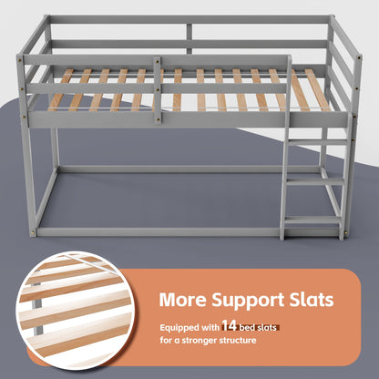 TOLEAD Low Bunk Bed Twin Over Twin, Floor Bunk Bed with Ladder, Twin Bunk Bed with Full Guardrails, Wooden Bunk Bed for Juniors, Boys, Girls, Kids, Bedrooms (Grey)