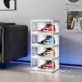 BROVIEW Led Shoe Boxes, Shoe Display Case with Lights, Large Clear Plastic Foldable Shoe Storage Box, Voice Activated Led Shoe Organizer Sneaker Case, Collection Crate, 1 Row 4 Tier White BROVIEW