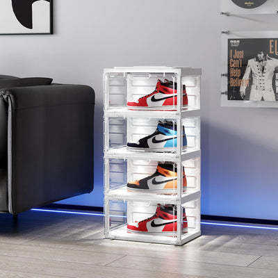 BROVIEW Led Shoe Boxes, Shoe Display Case with Lights, Large Clear Plastic Foldable Shoe Storage Box, Voice Activated Led Shoe Organizer Sneaker Case, Collection Crate, 1 Row 4 Tier White