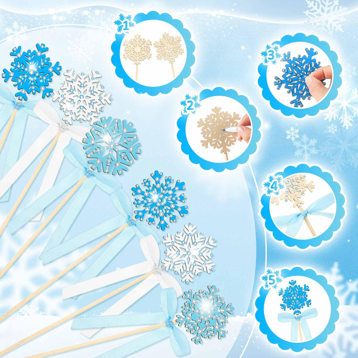 Juexica 78 Pcs Princess Snowflake Fairy Wand Kit Includes 48 Make Your Own Craft 6 Styles Unfinished Wooden Snow Wand and 12 Gem Stickers 4 Rolls Ribbon 12 Pcs Pen for Girls DIY Magical Craft Juexica