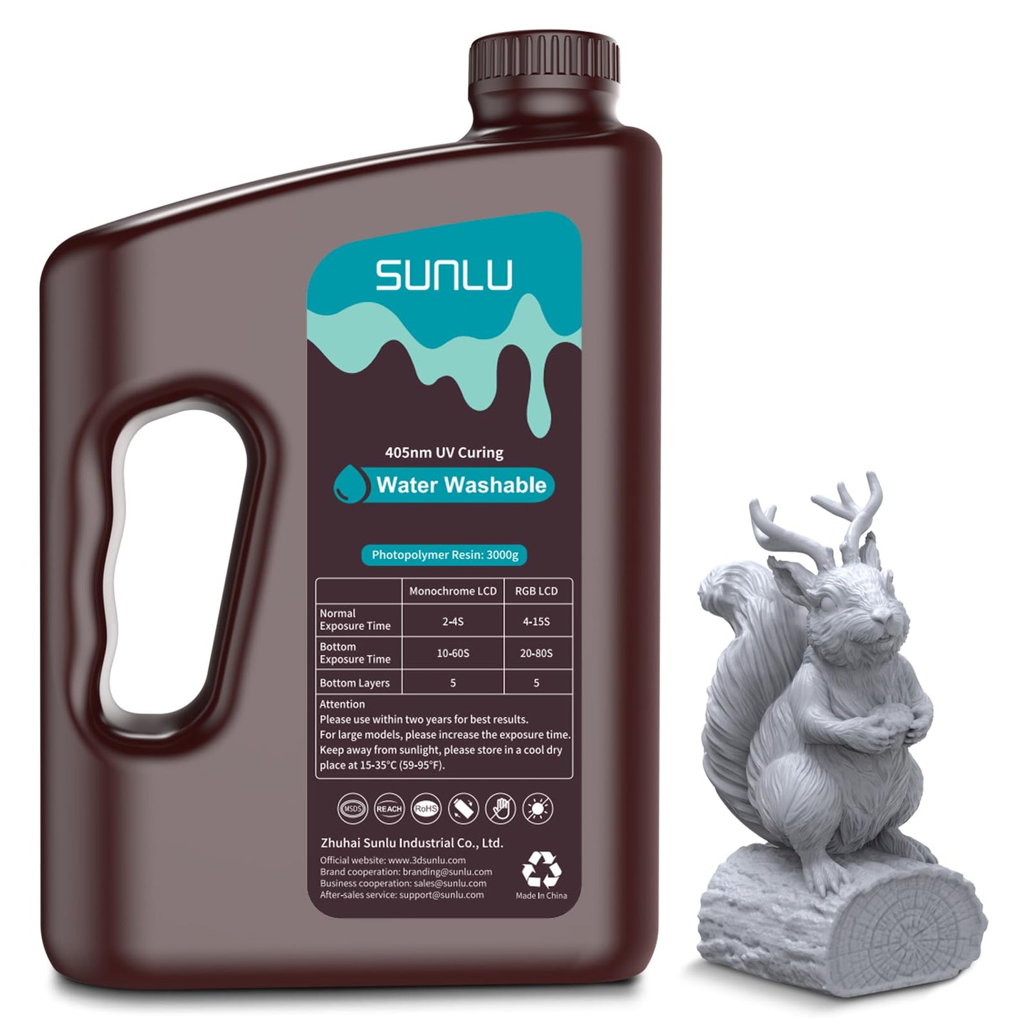 SUNLU Water Washable 3D Printer Resin 3kg, Large Bottle Water Washable Resin for Most Resin 3D Printers, 395 to 405nm UV Curing 3D Printing Liquid Photopolymer Resin, 3000g, Grey