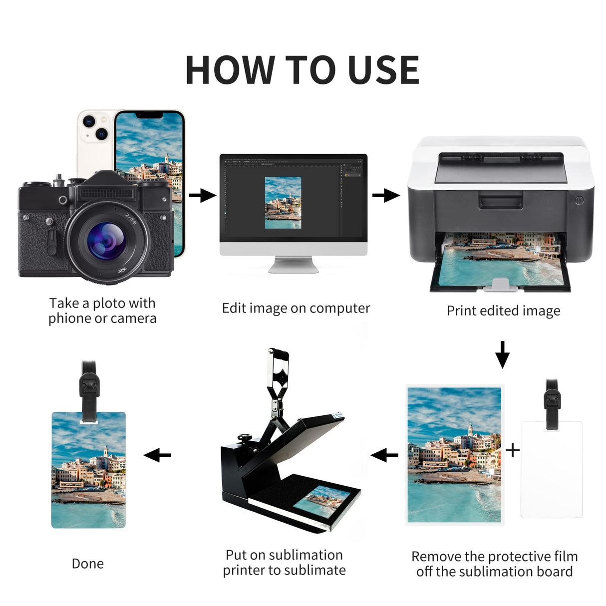 10pcs Sublimation Blanks Luggage Tags with Strap, White Blank Backpack Travel Bag Baggage Tags Double Sided Rectangle Name ID Card Label Tag Perfect to Quickly Spot Luggage Suitcase WACAR