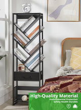 ZEXVIDA Bookshelf with Drawer,10 Tier Tree Bookcase Retro Floor Standing Bookshelves,Tall Wood Bookcases with Cabinet Storage Organizer for Living Room, Bedroom & Home Office, Black ZEXVIDA