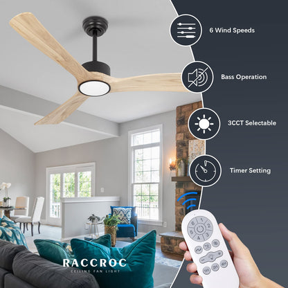 raccroc Wood Ceiling Fans with Lights and Remote,52in Ceiling Fan,22W LED Light Modern Ceiling Fan with Lights,3 Natural Solid Wood Blades,6 Speeds,Reversible Quiet DC Motor - WoodArtSupply