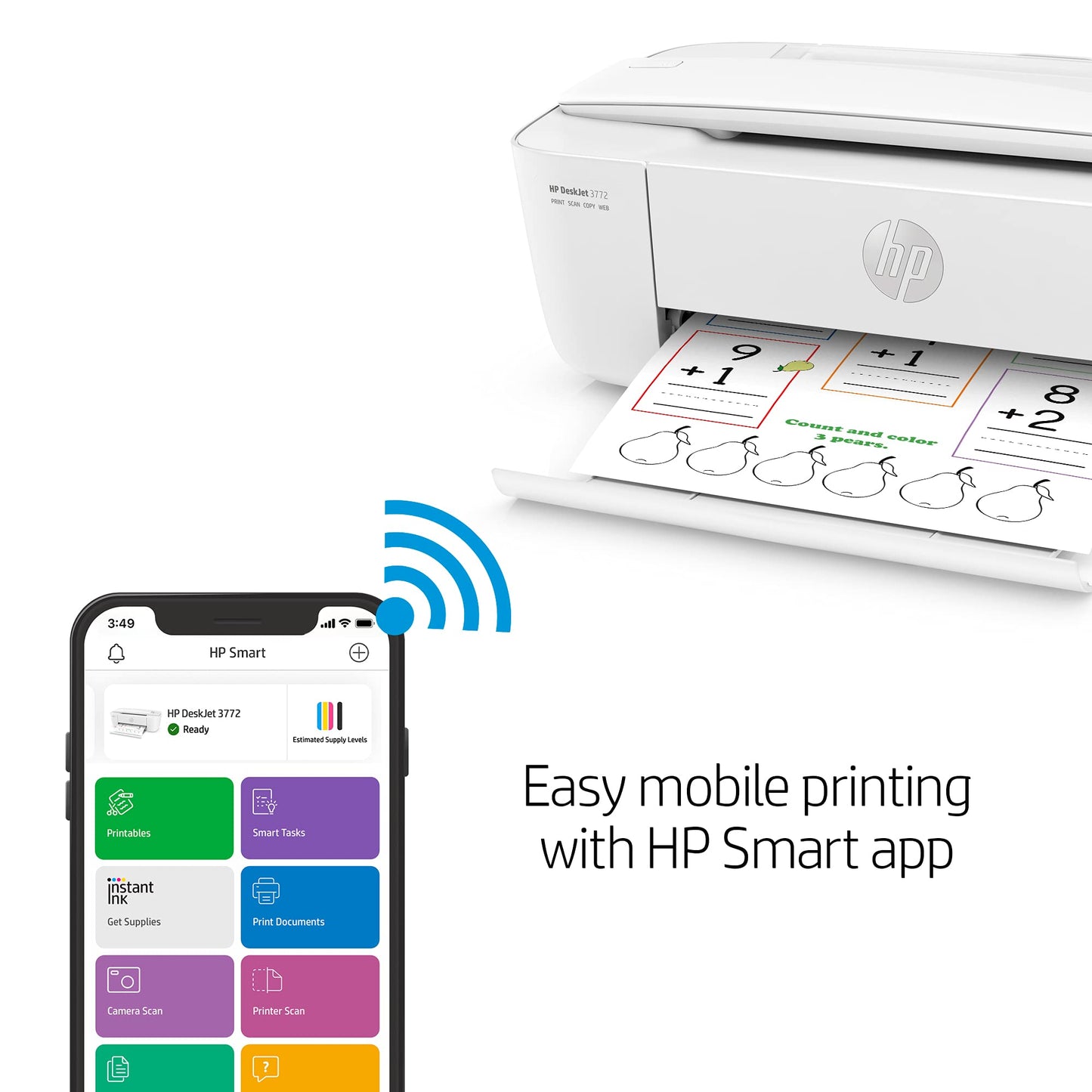 HP DeskJet 3772 All-in-One Color Inkjet Printer Scanner and Copy, Instant Ink Ready, Wireless Printers for Home and Office, Photo Print, Built-in WiFi, T8W88A (Renewed)