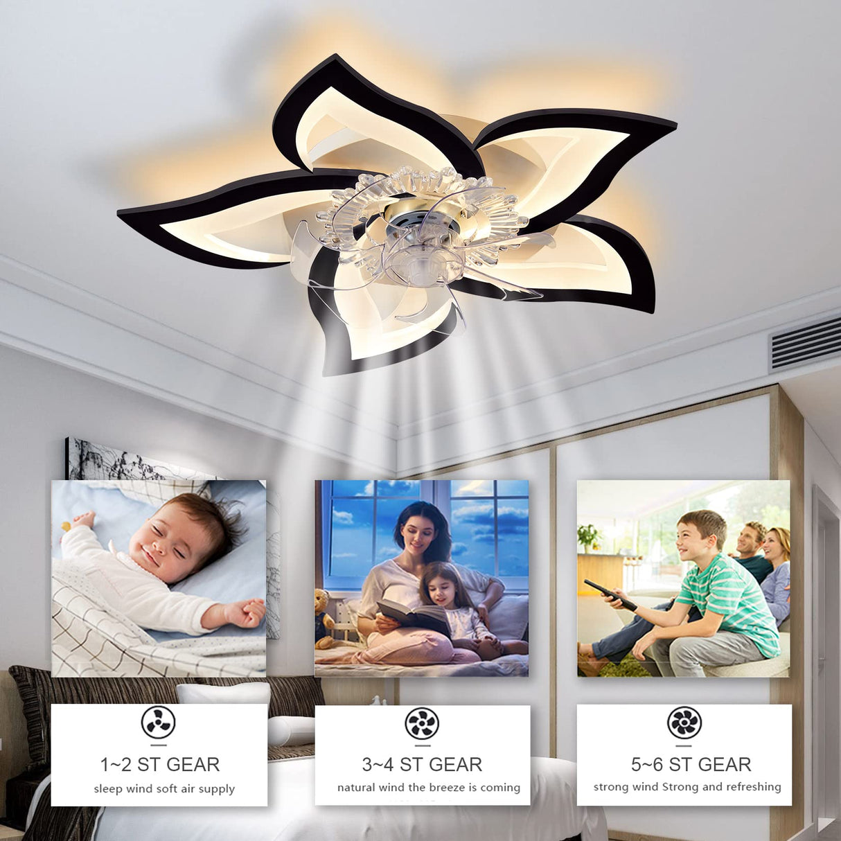 Bevenus Low Profile Ceiling Fans with Lights,27.2” Black Modern Dimmable Flower Shape Ceiling Light Fan with Remote Control/app Control,Timing 6 Gear Speeds Fan Ceiling Lamp. Bevenus