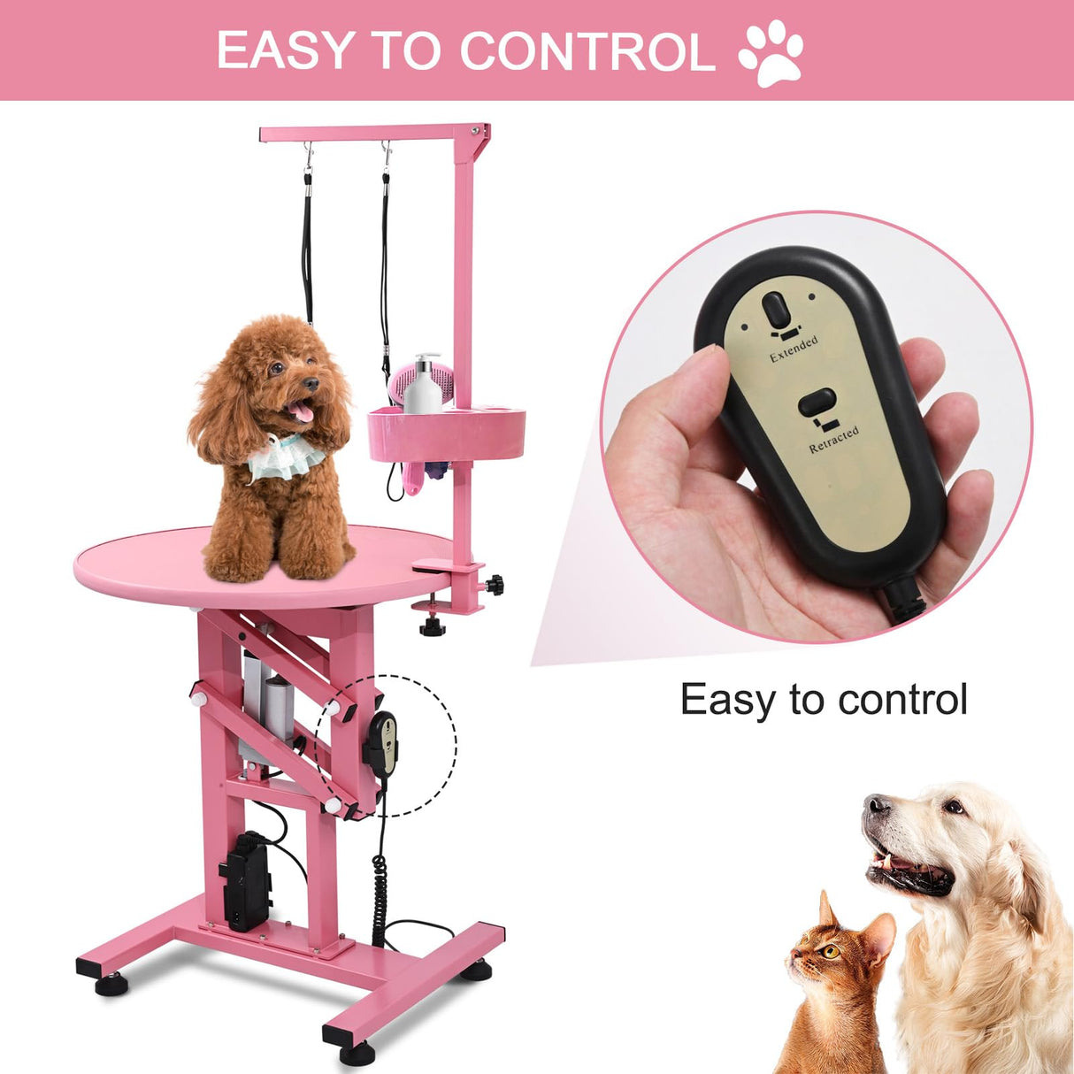 CIRONBOW 24" Electric Dog Grooming Table, Adjustable Fast Lifting Heavy Duty Dog Grooming Table for Small Dogs with Anti Skid Tabletop, Grooming Set, Remote,Tool Organizer and Arms,Pink CIRONBOW