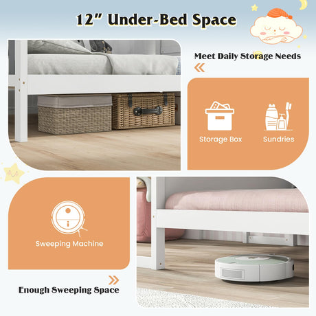 KOMFOTT Twin House Bed with Desk, Wood Montessori Bed Frame with House Roof Canopy, 2 Drawers, Modern Playhouse Bed with Fence for Kids, Teens, Girls & Boys, No Box Spring Needed, White & Gray KOMFOTT