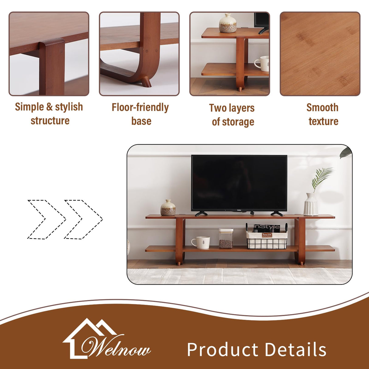 Welnow Bamboo TV Stand for Up to 65 Inch, Mid Century Modern Entertainment Center with 2-Tier Open Shelves, Storage Media Console Table for Living Room, Bedroom, Walnut Welnow