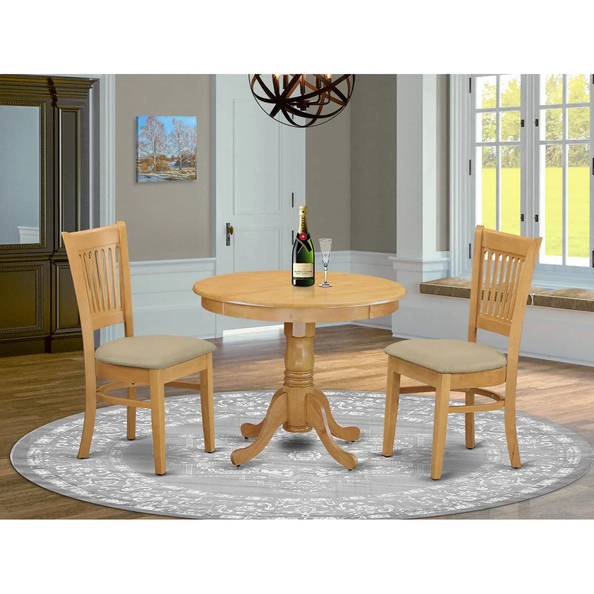 East West Furniture ANVA3-OAK-C 3 Piece Kitchen Table Set for Small Spaces Contains a Round Dining Room Table with Pedestal and 2 Linen Fabric Upholstered Chairs, 36x36 Inch, Oak East West Furniture