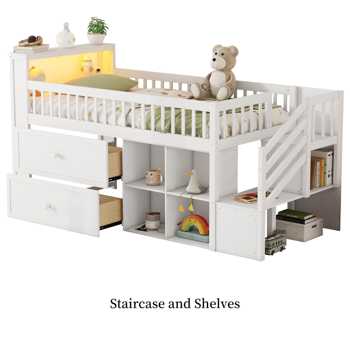 KEIKI Twin Low Loft Bed Frames for Kids with LED, Storage Drawers and Shelves, Solid Pine Wood Platform with Guardrails & Staircase, White KEIKI