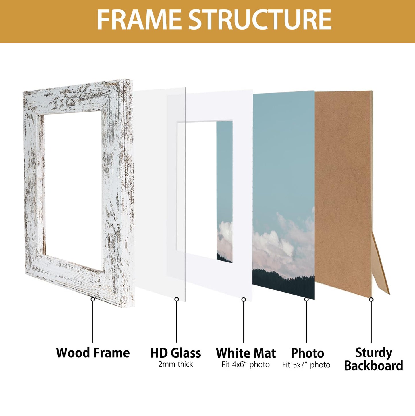 Califortree Rustic White 5x7 Picture Frame - Display Photos 4x6 with Mat or 5x7 Without Mat - Real Glass Frames for Wall and Tabletop - Set of 2