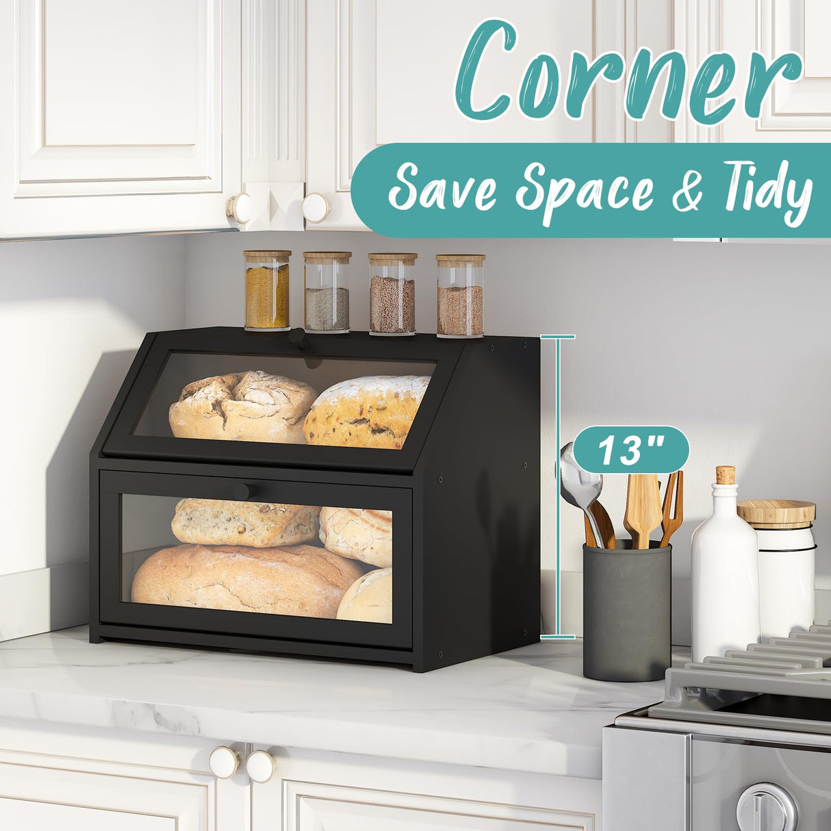 Vriccc Black Bread Box for Kitchen Counter, Large Bread Storage Container, Double Layer Bamboo Wooden Large Capacity Bread Storage Bin Vriccc