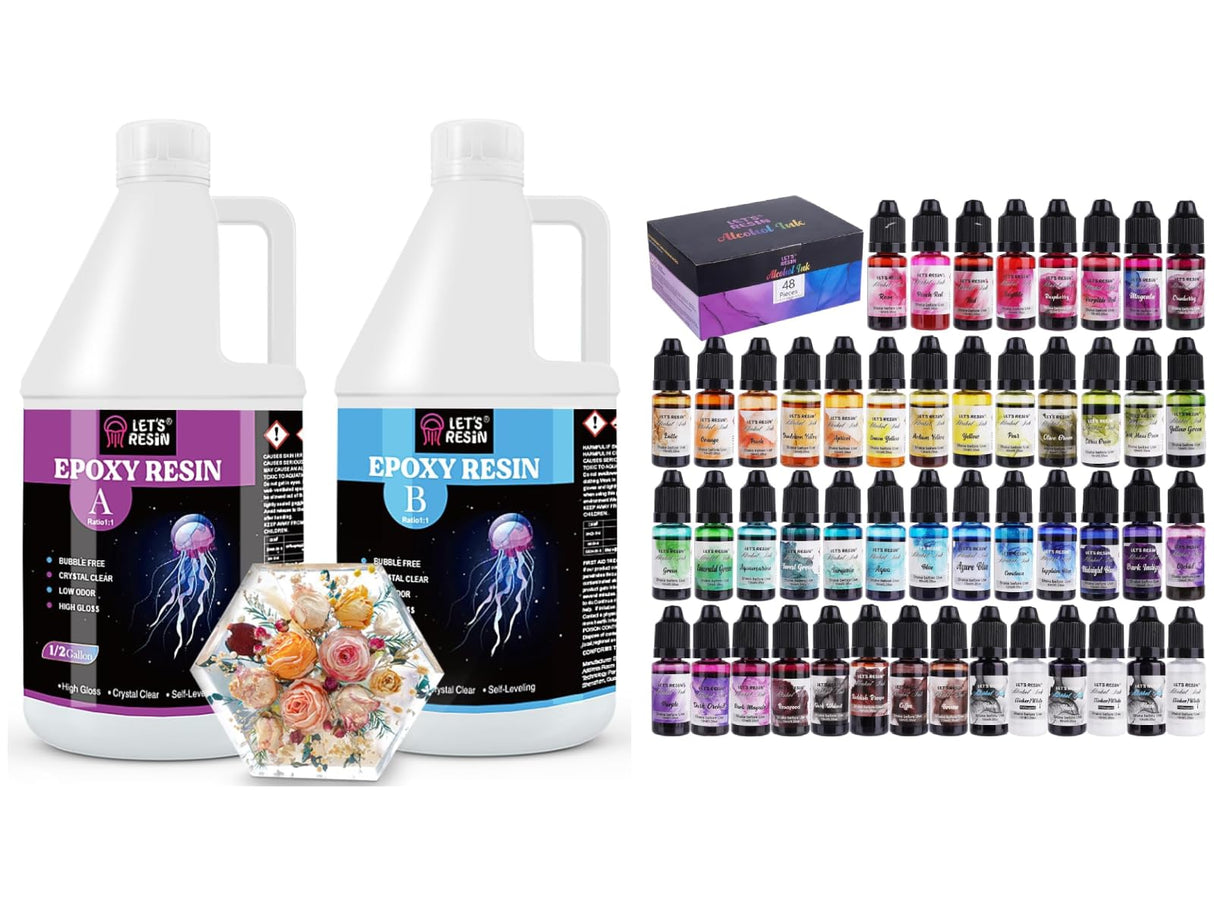 Bundle 1 Gallon Epoxy Resin Kit and 48pcs Concentrated Alcohol Ink Set LET'S RESIN